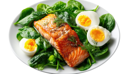 Nutritious Platter: A culinary masterpiece featuring a perfectly grilled salmon fillet, nestled among vibrant fresh spinach, and accompanied by elegantly sliced boiled eggs.