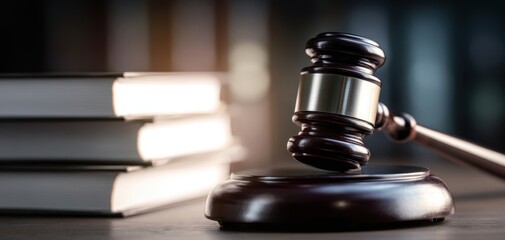 The gavel resting on a legal document surrounded by law books.