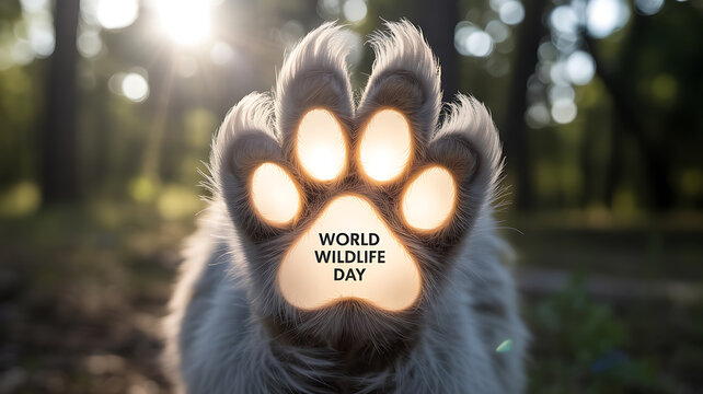 Close-up of a glowing animal paw with 'World Wildlife Day' text in a forest setting