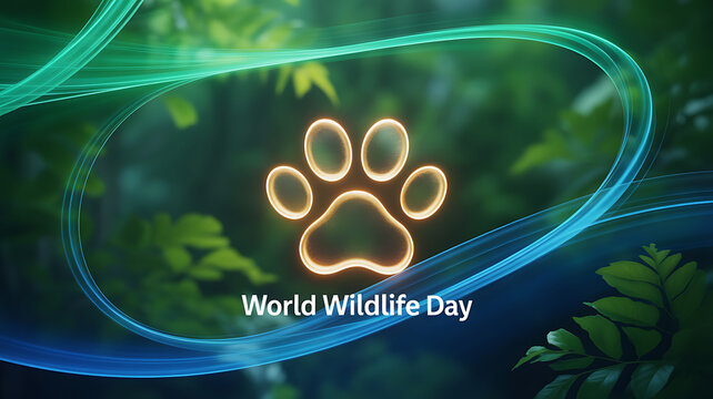 World Wildlife Day celebration with glowing paw print and natural forest background