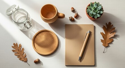 Cozy autumn flat lay with coffee mug, notebook, and natural elements on a bright table