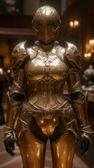 Elegantly Crafted Full-Body Golden Armor for Female Warrior, Featuring Intricate Details and Polished Reflective Surface within Grand, Softly Illuminated Interior