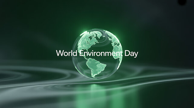 World Environment Day celebration with a glowing Earth globe on a reflective surface