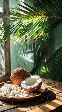 Coconut and coconut flakes in a plate on the table. Selective focus. Nature.