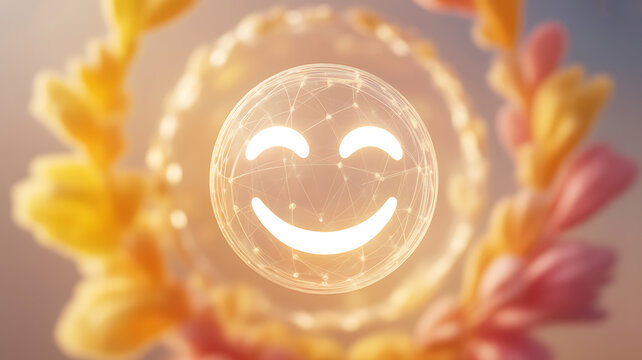A glowing smiley face with a network pattern surrounded by colorful floral elements in a soft, radiant background.
