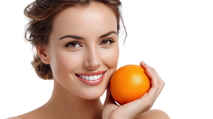 Radiant Beauty and Zesty Fruit: A beautiful woman embraces the vibrancy of nature, cradling a fresh orange, her smile radiating natural health and the simple joy of a sunny day. 