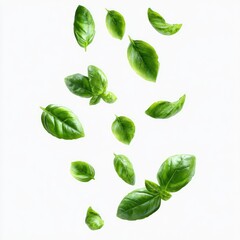 Fresh basil leaves falling against a white background