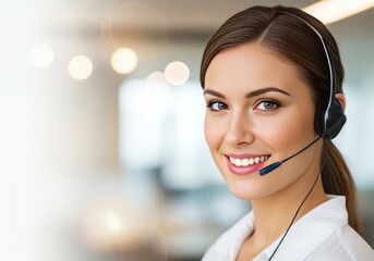 Smiling woman wearing headset provides customer support in bright office environment, offering friendly and professional assistance.