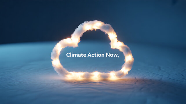 Illuminated cloud shape with 'Climate Action Now' text on a snowy surface