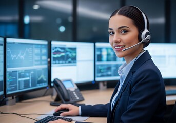 Smiling woman works at a trading desk with multiple monitors displaying financial data in a modern office environment, showcasing her expertise and confidence.