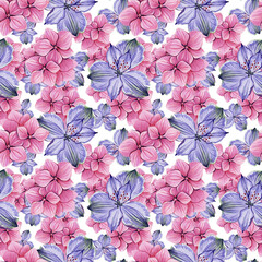 Seamless pattern bouquet of hydrangea. Hand drawn watercolor. Botanical illustration. Charming flower. Beautiful plant. Pink purple blooming buds. Botany season.
