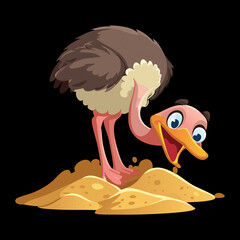 Ostriches Pecking into a Hole in the Sand Together Showing a Common Foraging Behavior in the Wild	