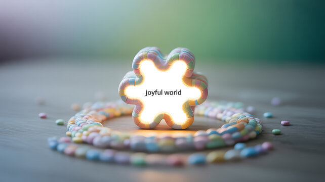 A glowing star-shaped object with the text 'joyful world' surrounded by colorful beads on a wooden surface.