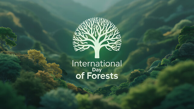 International Day of Forests logo displayed over a lush forest landscape