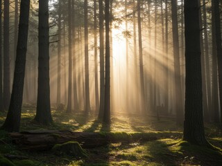 Golden light rays pierce a foggy forest of tall trees, highlighting the moss-covered ground and fallen logs.