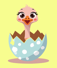 Adorable baby ostrich hatching from a large, polka-dot eggshell, looking around with wide, curious eyes on a yellow background	