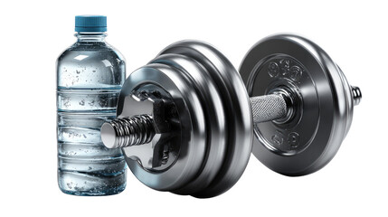 Obraz premium Fitness Essentials: A close-up shot of a dumbbell next to a fresh bottle of water, perfect for fitness.