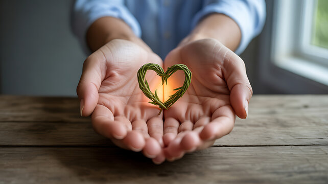 Hands holding a heart-shaped twig with glowing light inside, symbolizing care and nature