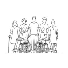 Group of diverse people with disabilities in outline style  