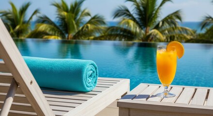 Fototapeta premium Relaxing poolside with a refreshing orange drink and rolled towel, overlooking a tropical ocean view.