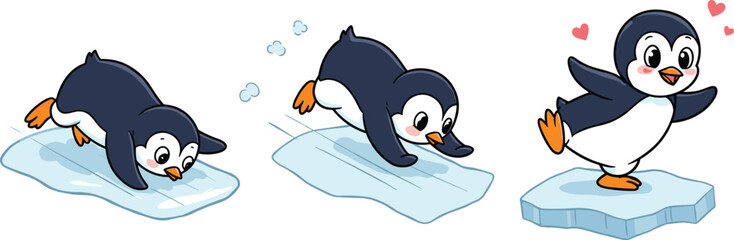 Cartoon penguin sliding and standing on ice, cheerful animal character illustration, playful winter scene, joyful motion concept, cute wildlife design, fun behavior theme