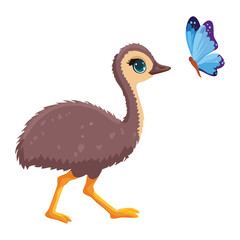 An innocent and cute cartoon emu chick with fuzzy brown plumage gazes curiously at a small, blue butterfly perched nearby, capturing a moment of childlike wonder	