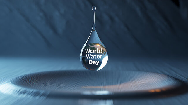 A water droplet suspended above a surface with 'World Water Day' text reflected inside, symbolizing global water awareness.