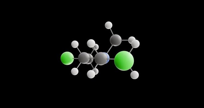 Chlormethine molecule, rotating 3D model of anticancer, looped video on a black background
