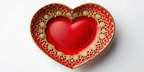 A delicate red heart-shaped plate with intricate golden filigree and a subtle sheen on its surface
