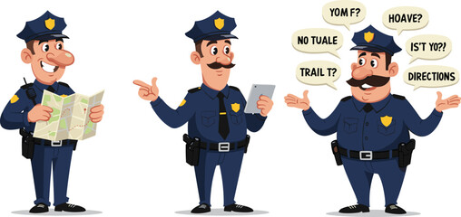 Cartoon police officers navigating and communicating, humorous law enforcement illustration, playful character design, directional confusion theme, funny patrol scene, public service concept