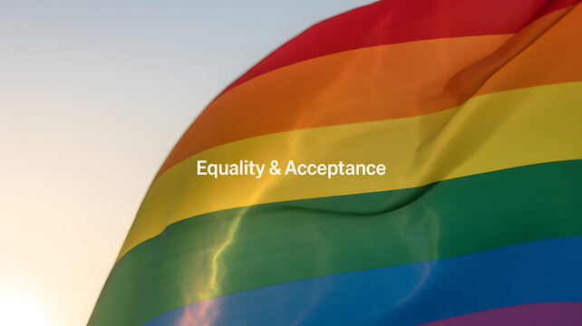 Rainbow flag waving in the wind with text 'Equality & Acceptance' against a soft sky background