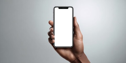 Hand holding a smartphone with a blank screen against a light gray background