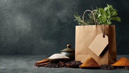 Brown paper grocery bag filled with various spices and herbs