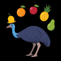 Majestic cassowary bird posing with an array of exotic tropical fruits like pineapple, pear, orange, apple, and bananas	