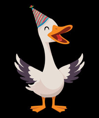 Energetic white goose or gander wearing a pointy party hat, spreading its wings and shouting excitedly on a black background	