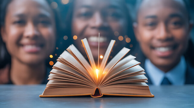 Open book glowing with light, three smiling people in background