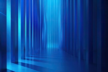 An abstract digital rendering of a long, narrow corridor lined with luminous blue pillars, casting shadows on a reflective floor, creating a sense of depth and mystery