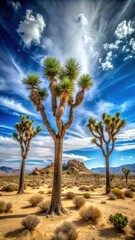 Three Joshua trees stand together in a field of sandy soil and rocky outcroppings under a bright blue sky with wispy white clouds