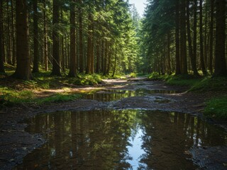 Fototapeta premium A forest path winds through tall green trees, dotted with sunlit puddles reflecting the sky and canopy. It's a serene, natural landscape with deep shadows and bright highlights.