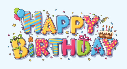Fototapeta premium A colorful and festive 'Happy Birthday' greeting with balloons, gifts, and a cake on a light blue background.