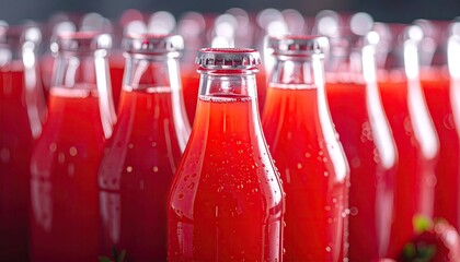 Rows of Glass Bottles Filled with Vibrant Red Strawberry Juice in a Commercial Setting, Highlighting Freshness and Sweetness