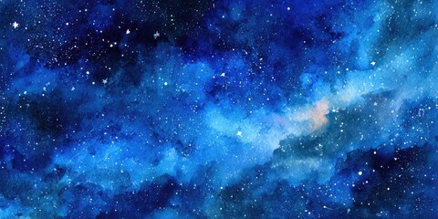 Watercolor rendition of a starry night sky.  Deep shades of blue, speckled with tiny white stars, create a vast cosmic expanse.  Soft, blended brushstrokes suggest nebulae and celestial clouds