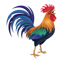 Magnificent cartoon rooster standing on a patch of grass, crowing loudly with its vibrant, fanned-out tail feathers	