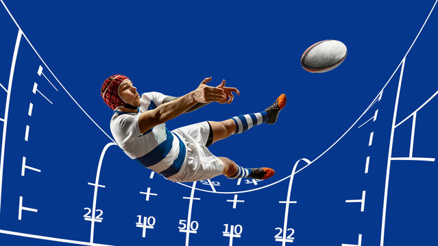 Creative digital artwork. Rugby player in striped uniform jumps to catch ball on blue background. Concept of power, teamwork, athleticism, competition, courage, and sports strategy.