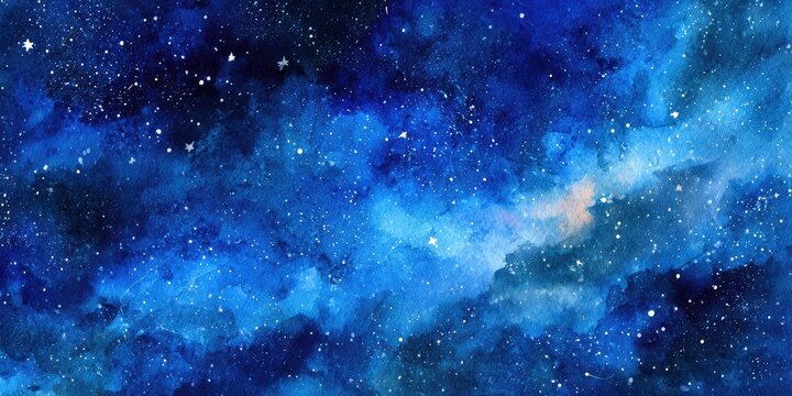 Watercolor rendition of a starry night sky.  Deep shades of blue, speckled with tiny white stars, create a vast cosmic expanse.  Soft, blended brushstrokes suggest nebulae and celestial clouds