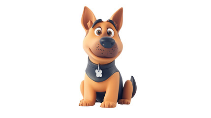 Cute Cartoon German Shepherd Puppy Character Sitting with Friendly Facial Expression on White Background