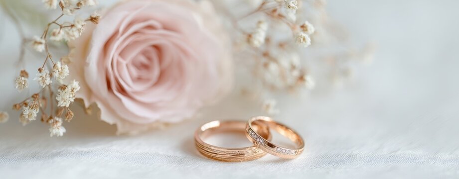 The Wedding Rings Resting Beside a Blush Rose and Delicate Baby's Breath Bouquet