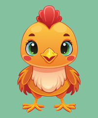 Cute, wide-eyed cartoon baby chicken mascot with bright yellow plumage and an innocent, curious expression	
