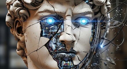 Robotic Male Face Emerging from Broken Marble Statue