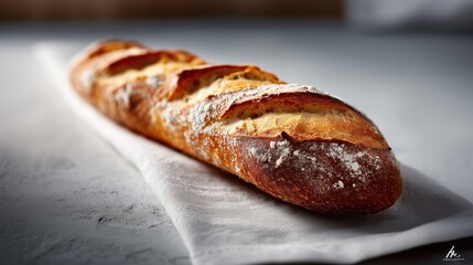 Baguette de pain artisanal dorée posée sur un torchon blanc et farine